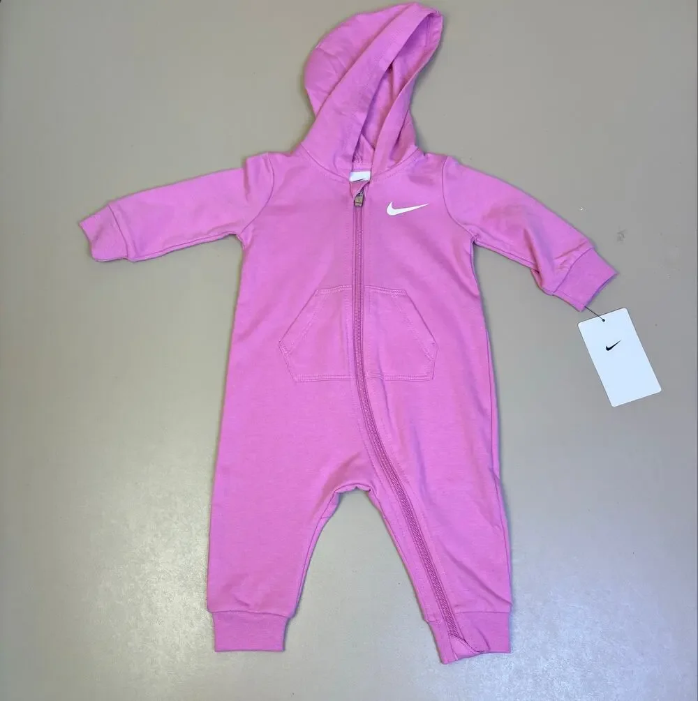Baby Girls Nike Hooded Coverall 6M Pink Zip Romper One Piece Jumpsuit NWT